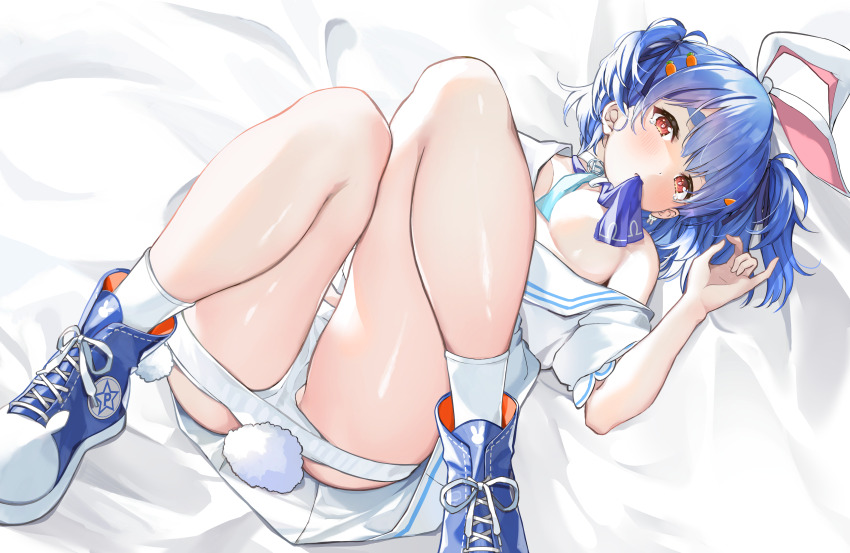 1girl, absurdres, animal_ears, arm_up, bed_sheet, blue_hair, blue_ribbon, blue_shoes