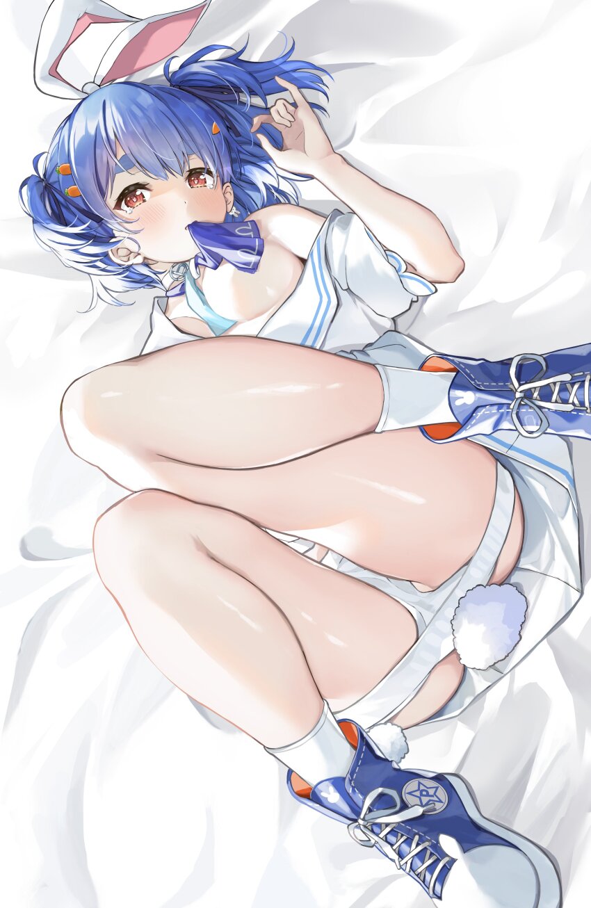 1girl, absurdres, animal_ears, arm_up, bed_sheet, blue_hair, blue_ribbon, blue_shoes, blush, breasts, carrot_hair_ornament, choker, earrings, food-themed_hair_ornament, frown, hair_ornament, hazuki_yuzuru, highres, hololive, jewelry, knees_together_feet_apart, legs, legs_up, looking_at_viewer, lying, m/, miniskirt, neckerchief, neckerchief_in_mouth, on_back, panties, rabbit-shaped_pupils, rabbit_earrings, rabbit_ears, rabbit_girl, rabbit_tail, red_eyes, ribbon, sailor_collar, school_uniform, serafuku, shoes, short_twintails, skirt, small_breasts, socks, solo, symbol-shaped_pupils, tail, tearing_up, tears, thick_eyebrows, thighs, tied_ears, twintails, underwear, usada_pekora, usada_pekora_(casual), virtual_youtuber, white_choker, white_panties, white_sailor_collar