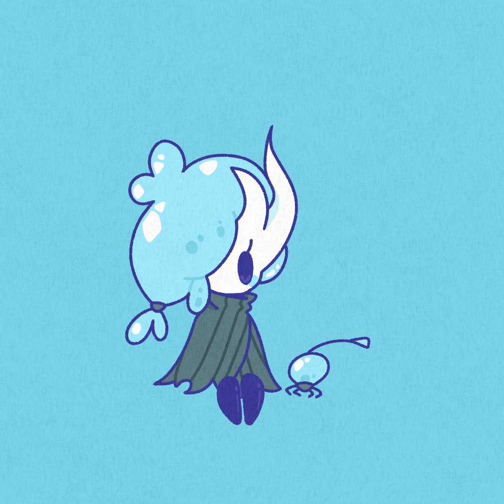1other, alternate_form, black_eyes, black_skin, blank_eyes, blue_background, blue_theme, broken_vessel_(hollow_knight), bug, cloak, colored_skin, full_body, green_cloak, hair_tie, hollow_knight, lifeseed_(hollow_knight), other_focus, sakana_2-gou, simple_background, sitting, solo