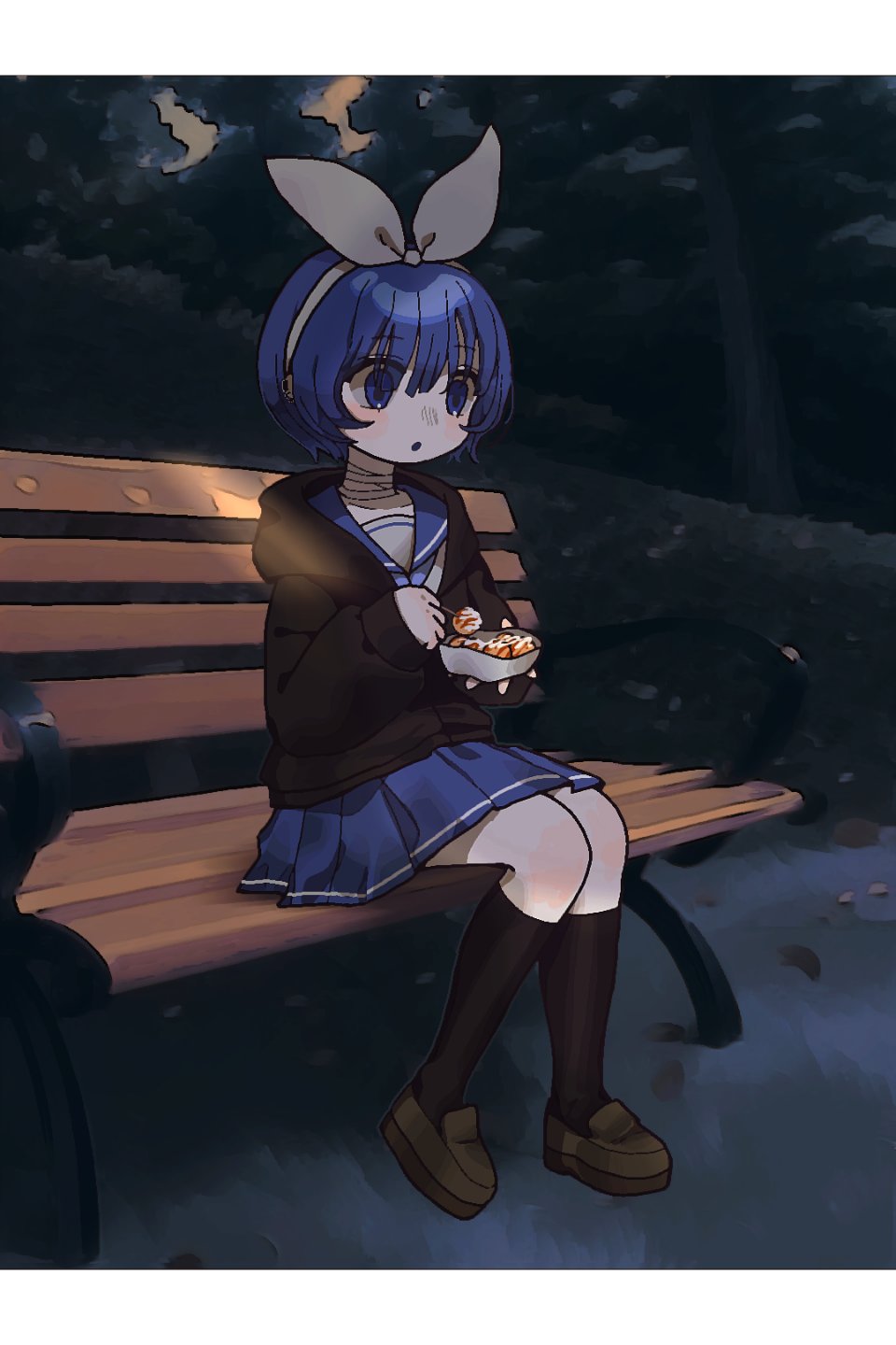 1girl, bandaged_neck, bandages, bench, black_jacket, black_socks, blue_eyes, blue_hair