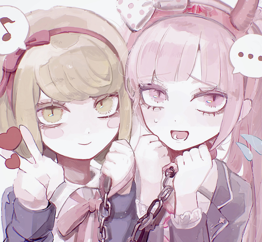 2girls, :d, blush_stickers, bow, chain, chained, collar, danganronpa_(series), danganronpa_another_episode:_ultra_despair_girls, fake_horns, hair_bow, hairband, hands_up, heart, highres, holding, holding_chain, horns, jacket, long_hair, long_sleeves, looking_at_viewer, lower_teeth_only, metal_collar, multiple_girls, musical_note, naruse_(nal1525), open_clothes, open_mouth, pink_eyes, pink_hair, polka_dot, polka_dot_bow, portrait, shirt, short_hair, smile, speech_bubble, spoken_musical_note, teeth, towa_monaca, twintails, utsugi_kotoko, v