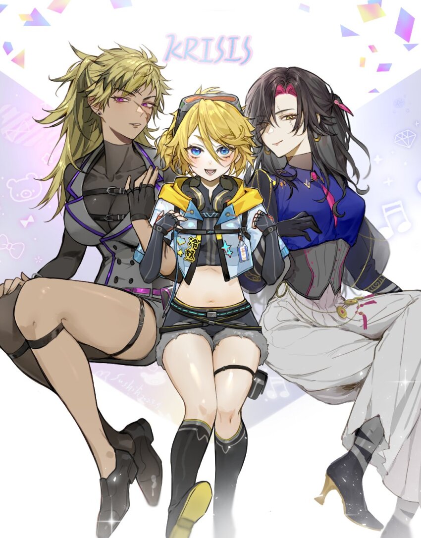 3girls, black_corset, black_footwear, black_gloves, black_hair, blonde_hair, blue_eyes, blue_shirt, boots, breasts, chest_belt, cleavage, collared_shirt, corset, crop_top, cropped_jacket, dark-skinned_female, dark_skin, earrings, feathers, fur-trimmed_shorts, fur_trim, gem, genderswap, genderswap_(mtf), gloves, goggles, goggles_on_head, grey_shorts, grey_vest, half_updo, harem_pants, headphones, headphones_around_neck, highres, hoop_earrings, jacket, jewelry, krisis, large_breasts, multiple_girls, nijisanji, nijisanji_en, pants, parted_lips, pink_gem, ponytail, purple_eyes, purple_trim, scar, scar_across_eye, scar_on_face, see-through_clothes, see-through_jacket, shirt, short_hair, short_twintails, shorts, spiked_hair, sushih_(20), thigh_strap, twintails, vantacrow_bringer, vest, vezalius_bandage, virtual_youtuber, yellow_eyes, yu_q._wilson