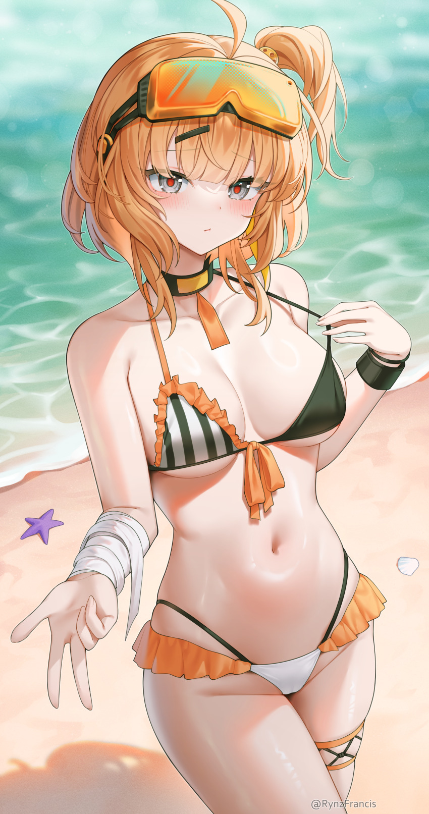 1girl, absurdres, ahoge, bandaged_arm, bandages, beach, bikini, bikini_pull