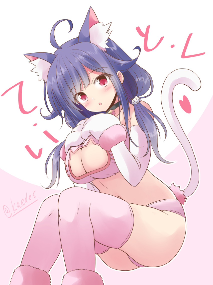 1girl, ahoge, animal_ears, animal_hands, bell, bra, breasts, cat_cutout