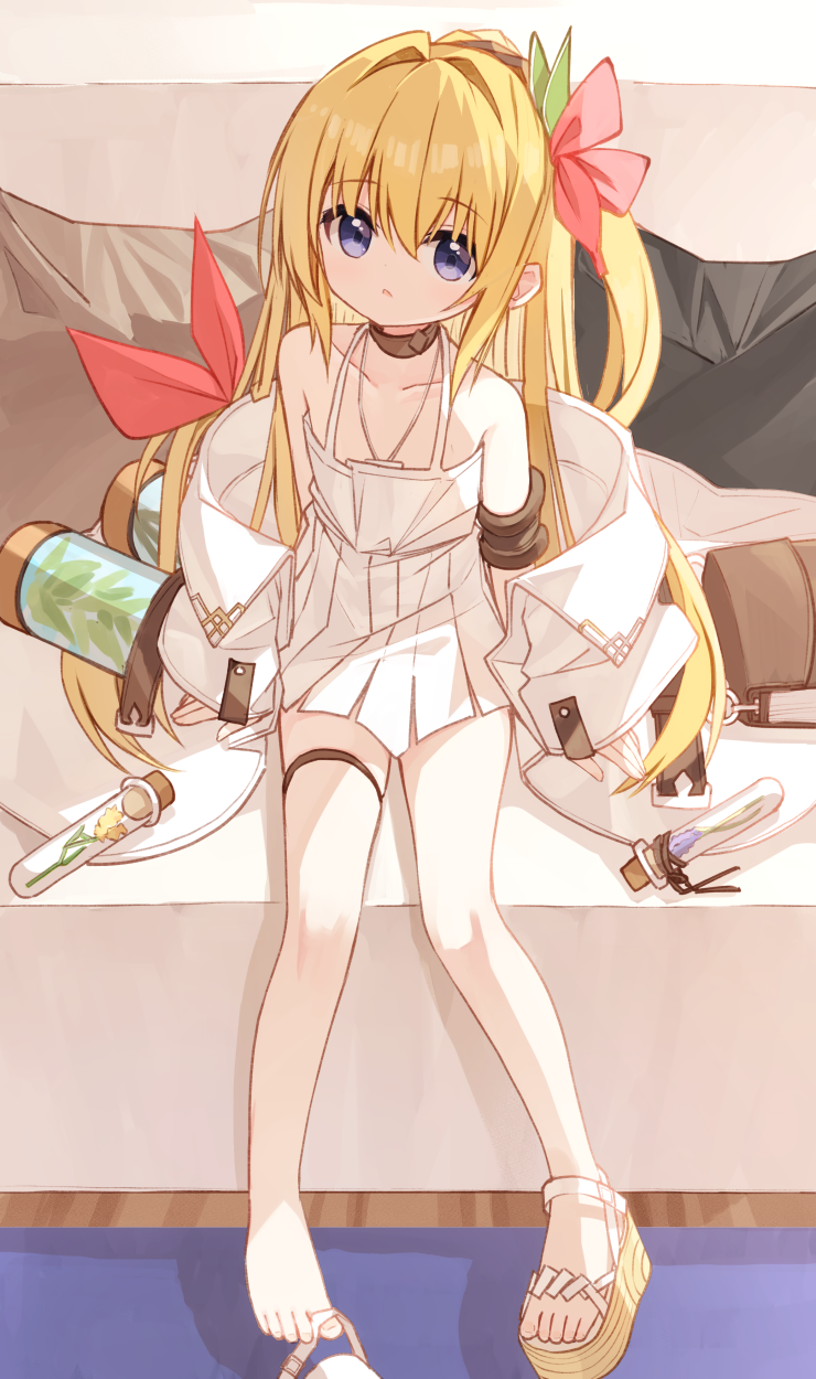 1girl, bare_shoulders, barefoot, blonde_hair, bow, brown_sandals, collarbone, dress