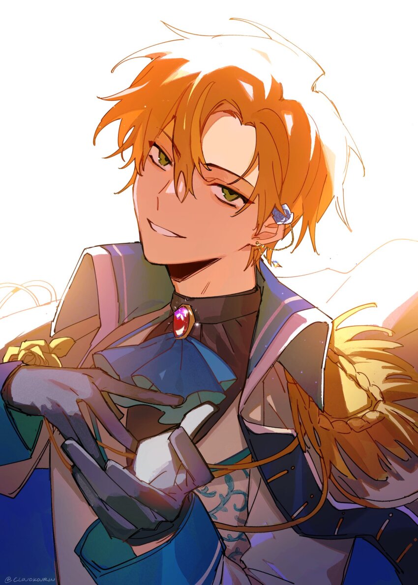 1boy, black_gloves, cloudkourin, collared_shirt, commentary, ear_chain, earrings, english_commentary