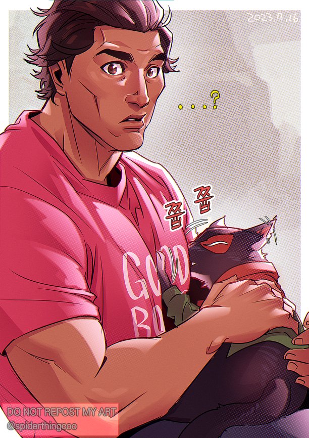 2boys, animal, bara, black_cat, black_hair, black_pants, cat, dark-skinned_male