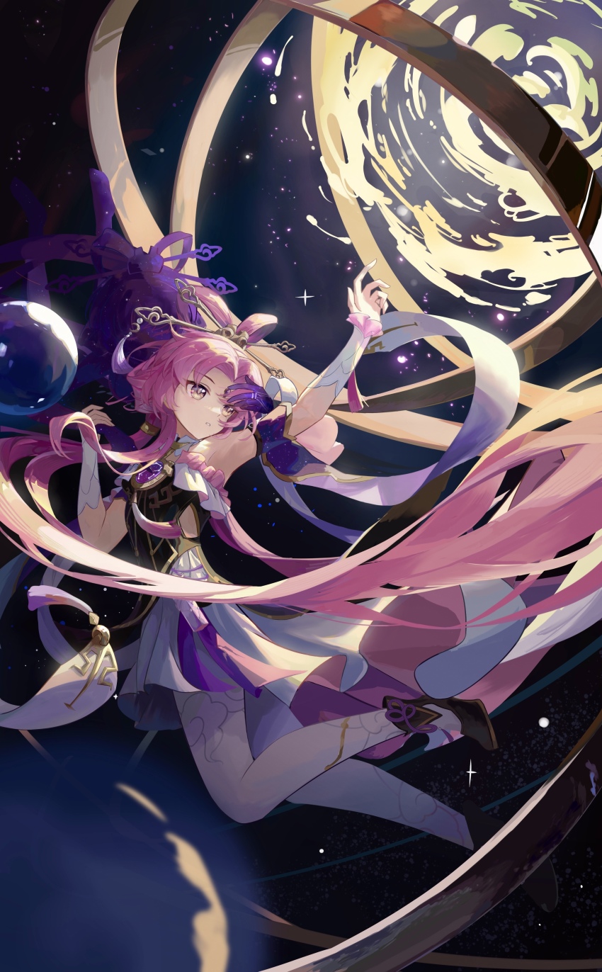 1girl, absurdres, arm_up, bare_shoulders, black_footwear, dress, floating, fu_xuan_(honkai:_star_rail)