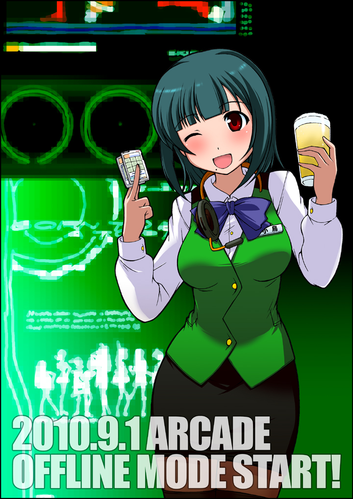 1girl, alcohol, beer, breasts, card, female_focus, glass, green_hair