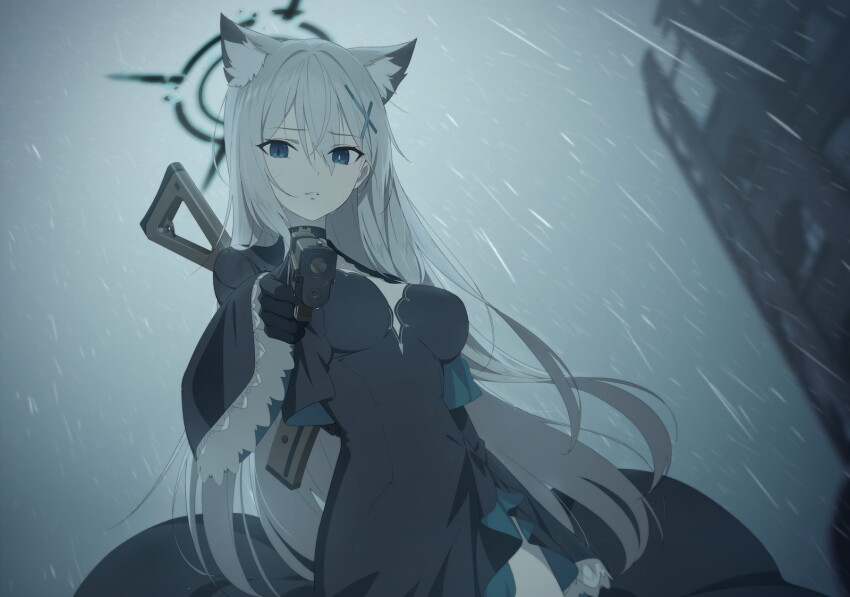 1girl, aiming, aiming_at_viewer, alternate_hair_length, alternate_hairstyle, animal_ear_fluff, animal_ears, artist_request, assault_rifle, at_gunpoint, black_capelet, black_choker, black_dress, black_gloves, black_halo, blue_archive, blue_eyes, blurry, blurry_background, breasts, broken_halo, capelet, choker, cross, cross_hair_ornament, dark_halo, dark_persona, diamond-shaped_pupils, diamond_(shape), dress, extra_ears, frilled_sleeves, frills, from_below, game_cg, gloves, grey_hair, gun, gun_on_back, hair_between_eyes, hair_ornament, halo, handgun, highres, holding, holding_gun, holding_weapon, impossible_clothes, impossible_dress, inverted_cross, long_hair, looking_at_viewer, medium_breasts, mismatched_pupils, non-web_source, official_art, outdoors, overcast, rain, rifle, sad, shiroko_terror_(blue_archive), sig_551, sig_p220/p226, sig_sauer, sky, solo, spoilers, standing, symbol-shaped_pupils, very_long_hair, weapon, weapon_on_back, wide_sleeves, wolf_ears
