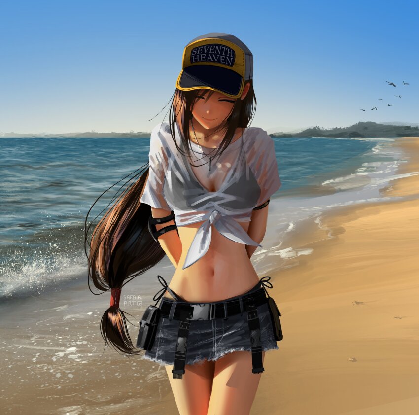 1girl, absurdres, arms_behind_back, baseball_cap, beach, bikini, bikini_under_clothes, black_bikini