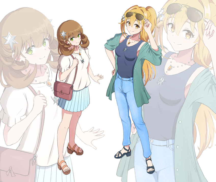 2girls, absurdres, alternate_costume, bag, blonde_hair, breasts, brown_hair, casual