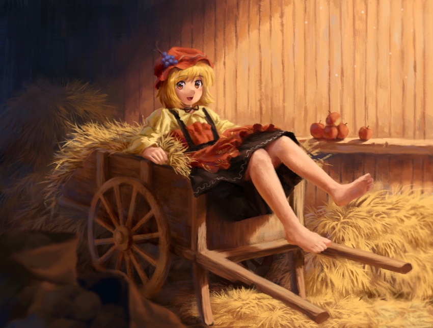 1girl, :d, aki_minoriko, apple, ascot, barefoot, black_skirt, blonde_hair