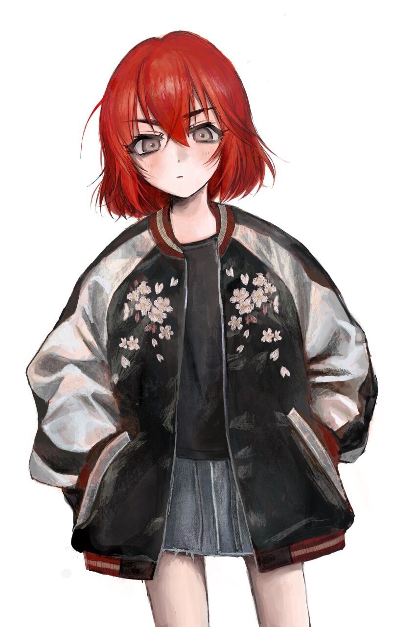 1girl, absurdres, black_shirt, blush, cherry_blossom_print, chinosuke_(o_j_o_p), cowboy_shot, denim