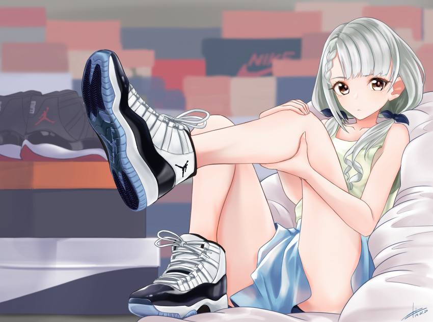 1girl, air_jordan, air_jordan_11, blue_skirt, braid, braided_bangs, brown_eyes, collarbone, frown, grey_hair, highres, hisakawa_nagi, holding_own_leg, idolmaster, idolmaster_cinderella_girls, long_hair, looking_at_viewer, low_twintails, nike_(company), shirt, shoe_box, shoes, silenxe, sitting, skirt, sleeveless, sleeveless_shirt, sneakers, solo, twintails, yellow_shirt