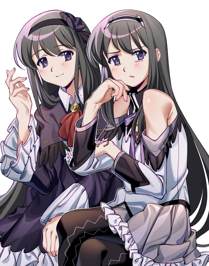 2girls, akemi_homura, arm_support, ascot, bags_under_eyes, bare_shoulders, black_hair, black_hairband