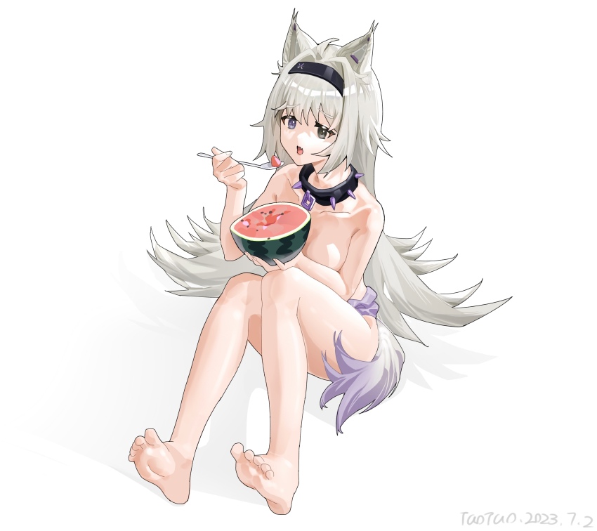1girl, absurdres, animal_ears, black_hairband, chain, collar, convenient_censoring, dated, eating, fang, food, fruit, grey_eyes, grey_hair, hairband, heterochromia, highres, holding, holding_food, holding_spoon, long_hair, no._21:_feral_(pgr), no._21_(pgr), nude, punishing:_gray_raven, purple_eyes, sidelocks, signature, skin_fang, solo, spiked_collar, spikes, spoon, tail, taotao_bujue, very_long_hair, watermelon, wolf_ears, wolf_tail
