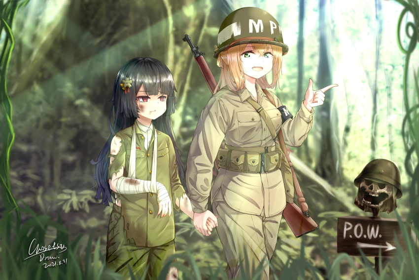 2021, 2girls, absurdres, arm_sling, arrow_(symbol), bad_end, bandages, black_hair, blonde_hair, bolt_action, brown_eyes, captured, chousetsu_(chongvon), commentary_request, dated, defeat, dirty, empty_eyes, english_text, forest, girls'_frontline, green_eyes, guadalcanal_(island), guadalcanal_campaign, gun, helmet, highres, holding_hands, imperial_japanese_army, injury, jungle, light_rays, m1903_springfield, military_combat_uniform, military_police, military_uniform, multiple_girls, nature, pointing, pointing_to_the_side, prisoner, rainforest, real_life, rifle, sign, signature, size_difference, skull, soldier, springfield_(girls'_frontline), sunbeam, sunlight, torn_clothes, tree, type_100_(girls'_frontline), united_states_marine_corps, weapon, world_war_ii