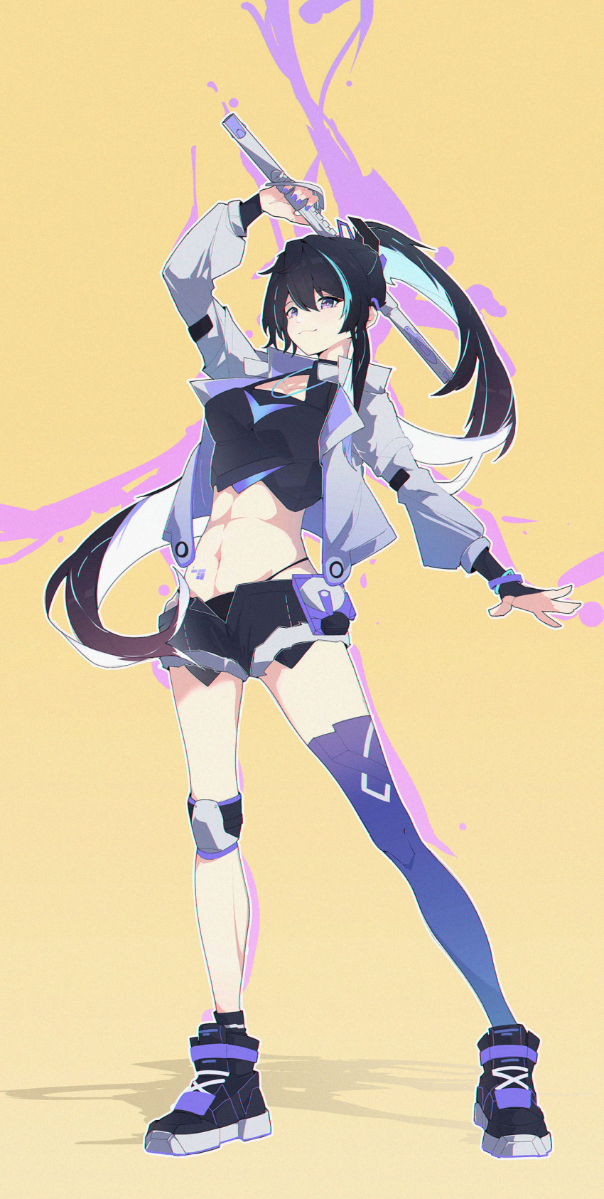 1girl, abs, absurdres, black_hair, black_panties, black_shorts, black_tank_top, blue_hair