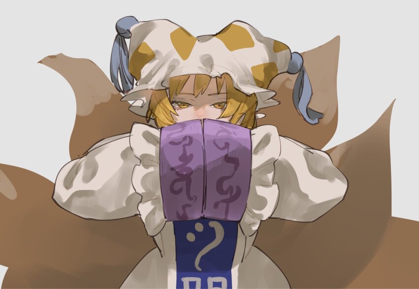 1girl, blonde_hair, covered_mouth, dress, fox_girl, fox_tail, frilled_sleeves, frills