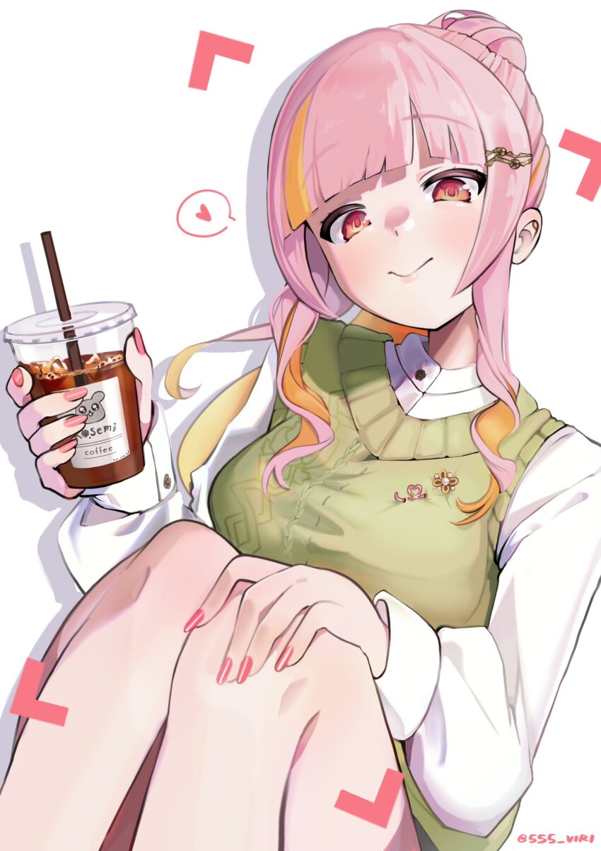 1girl, blonde_hair, drink, green_sweater_vest, hand_on_own_knee, heart, high_ponytail, highres
