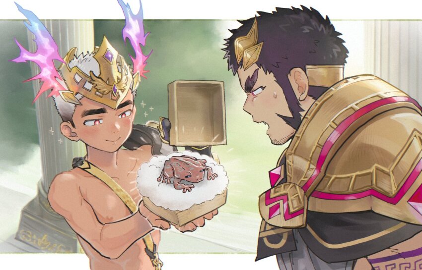 1gmizz, 2boys, age_difference, border, box, caduceus_(crave_saga), character_request, commentary_request, crave_saga, dark-skinned_male, dark_skin, facial_hair, frog, gift, gift_box, goatee_stubble, holding, holding_gift, implied_yaoi, looking_at_animal, male_focus, multiple_boys, onii-shota, pillar, red_eyes, stubble, topless_male, white_border, white_hair