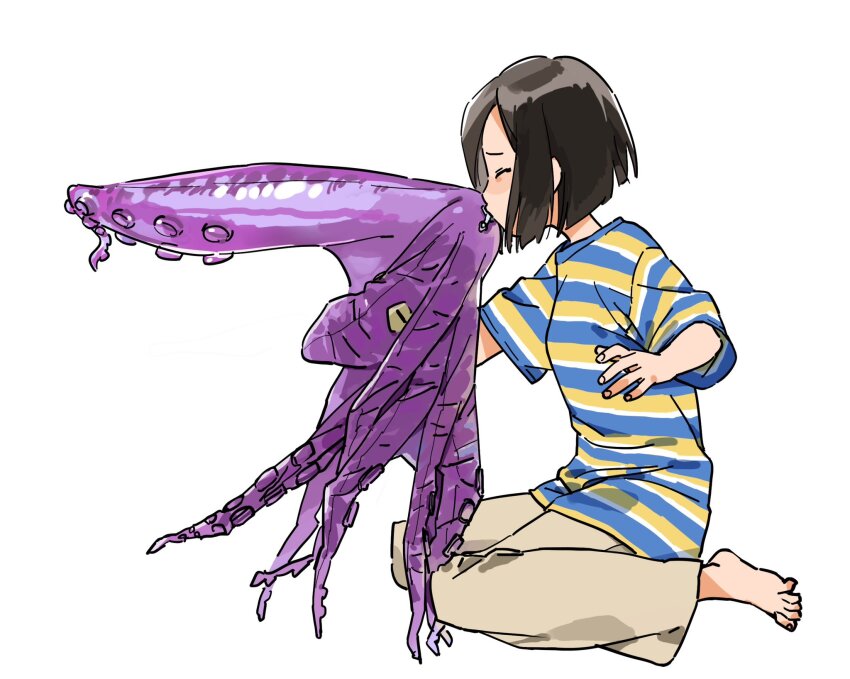 1girl, barefoot, black_hair, blowing, blue_shirt, blunt_ends, brown_pants, closed_eyes, facing_ahead, from_side, full_body, hand_up, highres, holding, holding_toy, inflatable_octopus, inflatable_toy, multicolored_shirt, original, pants, profile, shirt, short_hair, short_sleeves, simple_background, sitting, solo, striped_clothes, striped_shirt, swept_bangs, toenails, toes, toy, wariza, white_background, yellow_shirt, yk_(tnkau)