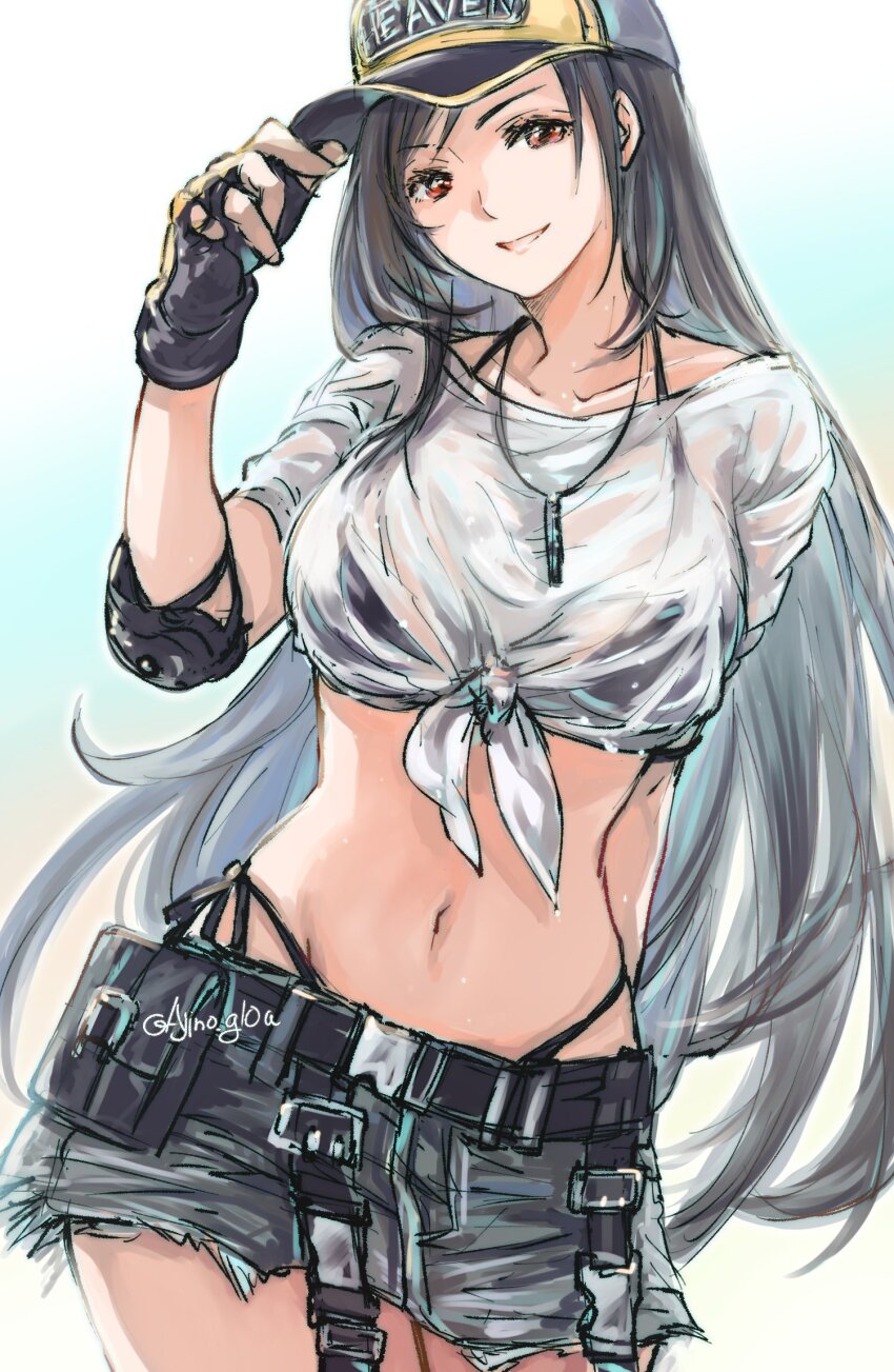 1girl, adjusting_clothes, adjusting_headwear, baseball_cap, bikini, bikini_under_clothes, black_bikini, brown_eyes, crop_top, elbow_pads, final_fantasy, final_fantasy_vii, final_fantasy_vii:_ever_crisis, fingerless_gloves, frayed_skirt, front-tie_top, gloves, hat, highres, hoshimaru_(ajino), long_hair, miniskirt, official_alternate_costume, see-through_clothes, see-through_shirt, shirt, side-tie_bikini_bottom, single_elbow_pad, skirt, smile, solo, swimsuit, thong_bikini, tifa_lockhart, tifa_lockhart_(lifeguard), wet, wet_clothes, wet_shirt, whistle, whistle_around_neck