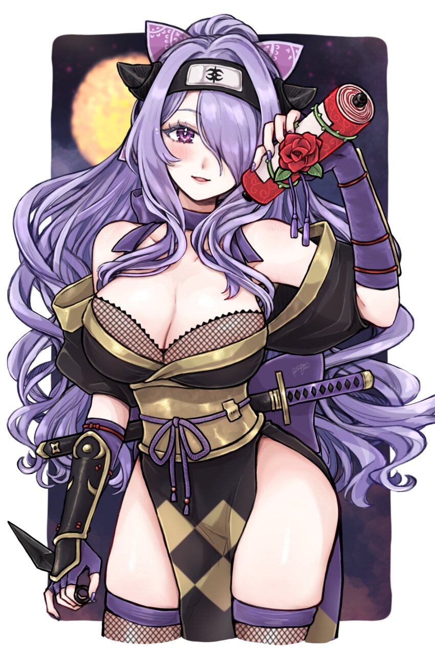 1girl, bare_shoulders, black_kimono, breasts, camilla_(fire_emblem), camilla_(ninja)_(fire_emblem), cleavage, commentary, fingerless_gloves, fire_emblem, fire_emblem_fates, fire_emblem_heroes, fishnet_thighhighs, fishnets, gauntlets, gloves, hair_over_one_eye, highres, holding, holding_scroll, holding_weapon, japanese_clothes, kimono, kunai, large_breasts, long_hair, looking_at_viewer, misato_hao, moon, ninja, nintendo, obi, off_shoulder, official_alternate_costume, one_eye_covered, pelvic_curtain, ponytail, purple_eyes, purple_gloves, purple_hair, sash, scroll, side_slit, signature, smile, solo, thighhighs, very_long_hair, wavy_hair, weapon