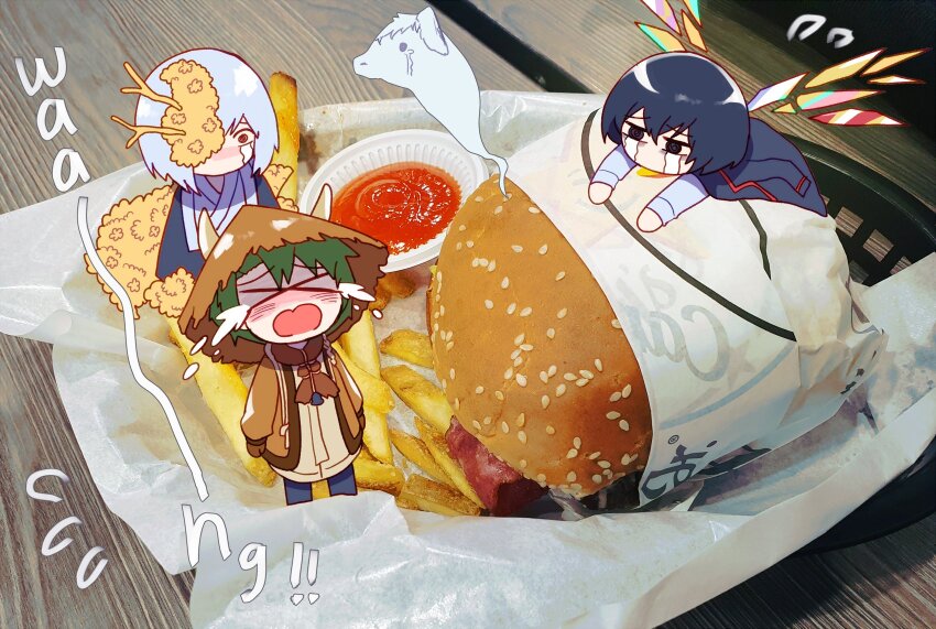 1girl, 2boys, bell, black_coat, black_eyes, black_hair, branch, brown_eyes, brown_gloves, burger, closed_eyes, coat, commentary, cow, cow_horns, cowbell, crying, dongbaek_(project_moon), dongrang_(limbus_company), e.g.o_(project_moon), english_commentary, farmwatch_(e.g.o), flower, food, food_wrapper, french_fries, ghost, giving_up_the_ghost, glass_shards, gloves, gredell_elle, green_hair, hanbok, hat, highres, horns, korean_clothes, limbus_company, multiple_boys, one_eye_covered, open_clothes, open_coat, overcoat, pants, photo_background, project_moon, real_life, rice_hat, shirt, spicebush_(e.g.o), spoilers, streaming_tears, tears, white_hair, white_shirt, wings, wrapper, yi_sang_(project_moon)