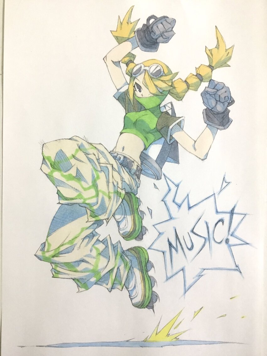 1girl, arms_up, baggy_pants, belt, black_eyes, black_gloves, blonde_hair, bomb_rush_cyberfunk