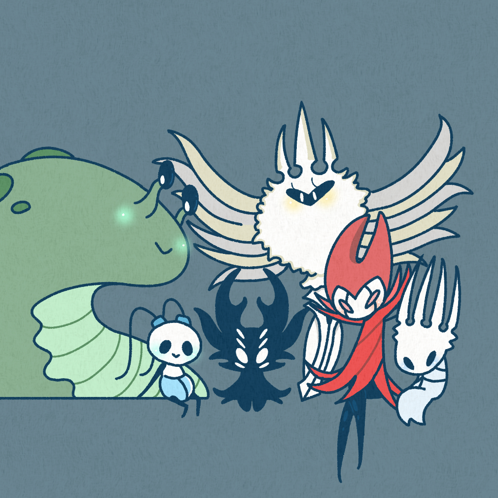 1girl, 1other, 2boys, :>, antennae, arthropod_boy, arthropod_girl, black_eyes, black_sclera, black_skin, blank_eyes, blush, cloak, closed_mouth, colored_sclera, colored_skin, crossed_legs, extra_eyes, full_body, grimm_(hollow_knight), happy, high_collar, hollow_knight, invisible_chair, joni_(hollow_knight), looking_at_viewer, multiple_boys, nightmare_king_grimm_(hollow_knight), pale_king_(hollow_knight), radiance_(hollow_knight), red_cloak, red_eyes, sakana_2-gou, sitting, slug, smile, spoilers, straight-on, unn_(hollow_knight), void_entity_(hollow_knight), white_eyes