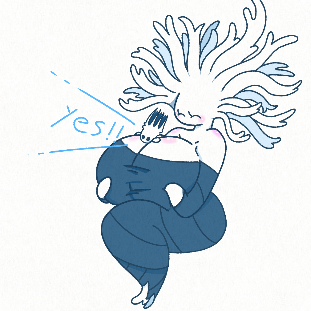 1boy, 1girl, ^_^, arthropod_boy, bare_shoulders, barefoot, between_breasts, big_hair, black_eyes, blank_eyes, blue_dress, blush, breasts, cleavage, closed_eyes, colored_skin, dress, english_text, full_body, gigantic_breasts, grabbing_own_breast, happy, hetero, hollow_knight, interspecies, invisible_chair, long_hair, long_sleeves, mini_person, miniboy, monster_girl, off-shoulder_dress, off_shoulder, pale_king_(hollow_knight), person_between_breasts, plant_girl, sakana_2-gou, simple_background, sitting, size_difference, talking, white_background, white_hair, white_lady_(hollow_knight), white_skin, yes