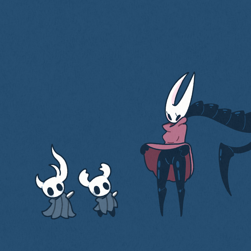 1girl, 2others, alternate_form, arthropod_girl, black_eyes, black_skin, blank_eyes, blue_background, blush, breasts, broken_vessel_(hollow_knight), cloak, cloak_lift, colored_skin, flashing, full_body, grey_cloak, groin, hands_up, height_difference, high_collar, hollow_knight, hornet_(hollow_knight), joints, knight_(hollow_knight), legs, lifting_own_clothes, looking_at_another, monster, multiple_others, nail_(hollow_knight), no_panties, nosk_(hollow_knight), red_cloak, sakana_2-gou, shiny_skin, simple_background, small_breasts, standing, thighs, weapon, weapon_on_back