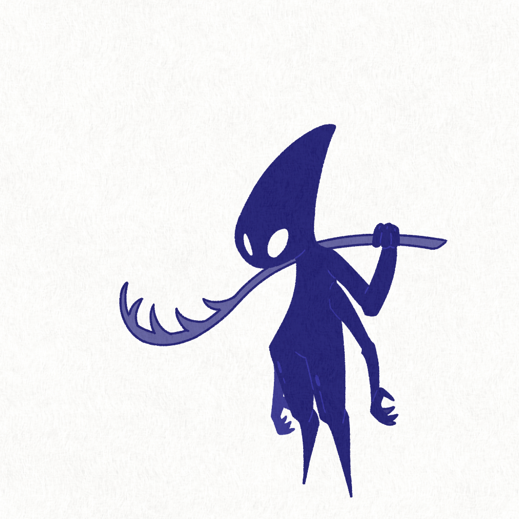 1other, arms_at_sides, blank_eyes, blue_skin, collector_(hollow_knight), colored_skin, extra_arms, full_body, hand_up, holding, holding_weapon, hollow_knight, kingsmould_(hollow_knight), other_focus, over_shoulder, sakana_2-gou, simple_background, solo, standing, weapon, weapon_over_shoulder, white_background, white_eyes