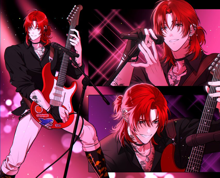 1boy, absurdres, arm_tattoo, black_shirt, choker, chromatic_aberration, commentary_request, cross