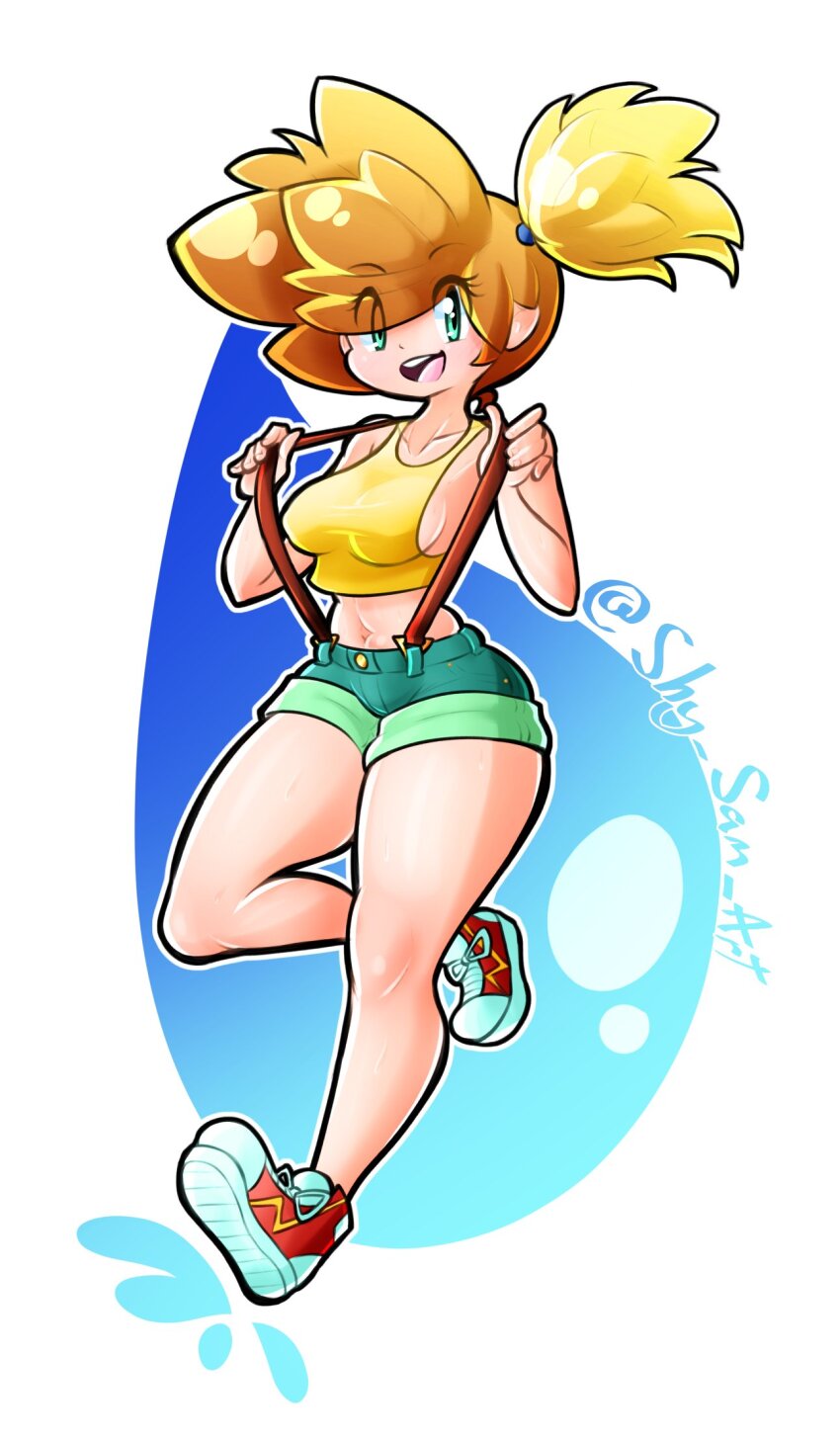 1girl, asymmetrical_hair, blush, breasts, denim, denim_shorts, gen_1_pokemon, green_eyes