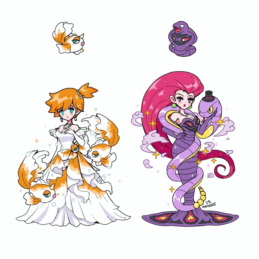 2girls, arbok, arbok_(cosplay), asymmetrical_hair, bare_shoulders, blush, border, breasts, cosplay, covered_navel, cowboy_shot, dress, ekans, elbow_gloves, female_focus, from_below, gen_1_pokemon, gloves, goldeen, goldeen_(cosplay), green_eyes, hair_tie, highleg, highleg_leotard, highres, jessie_(pokemon), legs, leotard, long_hair, mamobot, medium_breasts, misty_(pokemon), multiple_girls, nintendo, open_mouth, orange_hair, pokemon, pokemon_(anime), pokemon_(classic_anime), ponytail, purple_hair, shirt, short_hair, shorts, side_ponytail, simple_background, solo