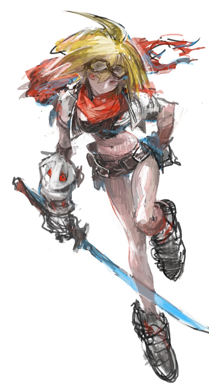 1girl, blonde_hair, boots, goggles, goggles_on_head, hakusaku, highres, katana