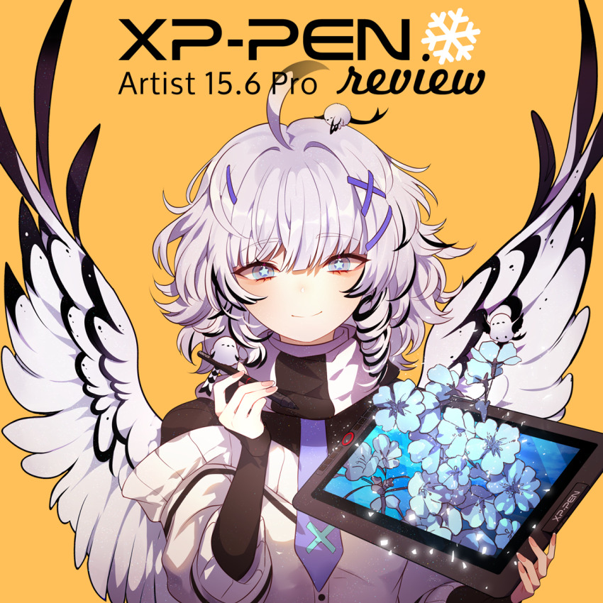 1girl, ahoge, animal, animal_on_head, bird, bird_on_head, bird_wings, black_hair