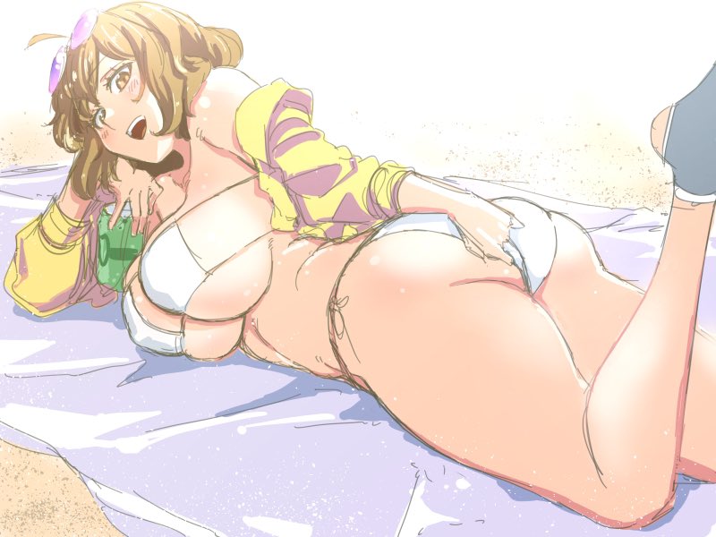 1girl, :d, adjusting_clothes, adjusting_swimsuit, ahoge, anis_(nikke), anis_(sparkling_summer)_(nikke), ass