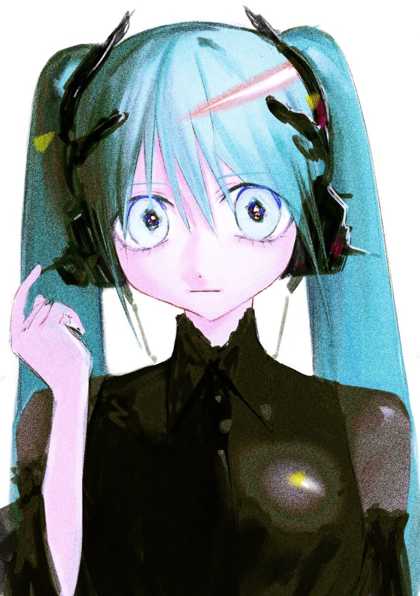 1girl, adapted_costume, black_shirt, blue_hair, collared_shirt, commentary_request, empty_eyes, expressionless, fcx4l, film_grain, grey_eyes, hand_up, hatsune_miku, headphones, highres, index_finger_raised, lens_flare, long_sleeves, looking_at_viewer, pale_skin, see-through_clothes, see-through_sleeves, shirt, simple_background, solo, twintails, upper_body, vocaloid, white_background