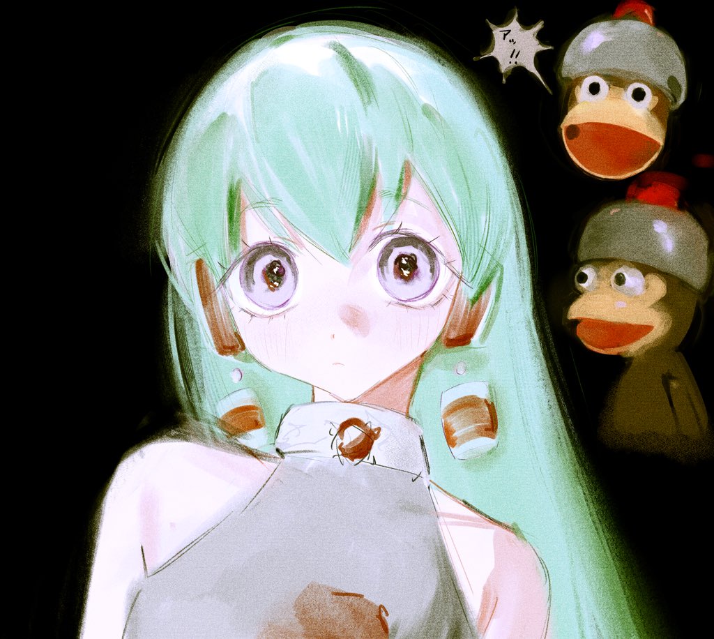 1girl, alarm_siren, android, bare_shoulders, black_background, charu_(saru_getchu), closed_mouth, collar, commentary_request, contrapposto, earrings, expressionless, fcx4l, floating_earrings, green_hair, grey_shirt, helmet, inset, jewelry, light_blush, light_frown, long_hair, looking_at_viewer, monkey, purple_eyes, raised_eyebrows, robot_ears, saru_getchu, shirt, sleeveless, sleeveless_shirt, solo, speech_bubble, upper_body, wide-eyed