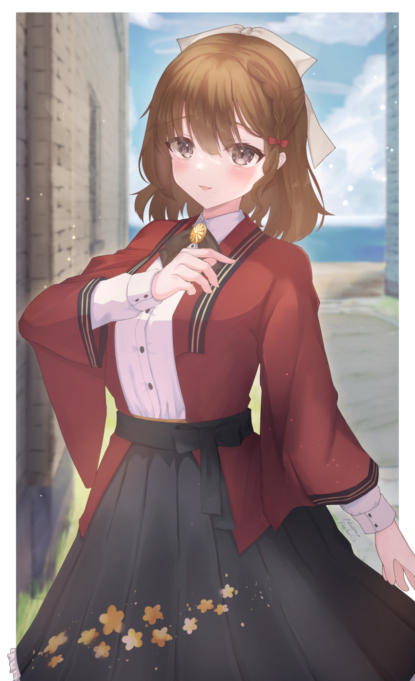 1girl, asahi_(kancolle), black_hakama, black_skirt, brown_hair, coat, collared_shirt, dress_shirt
