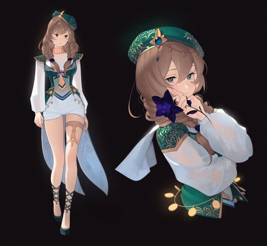 1girl, abbystea, akademiya_uniform, black_background, braid, breasts, brown_hair, closed_mouth, earrings, flower, full_body, genshin_impact, green_eyes, green_headwear, hair_between_eyes, hat, highres, holding, holding_flower, jewelry, lisa_(a_sobriquet_under_shade)_(genshin_impact), lisa_(genshin_impact), long_sleeves, looking_at_viewer, medium_breasts, multiple_views, neck_ring, purple_flower, see-through_clothes, see-through_sleeves, simple_background, thighlet, twintails