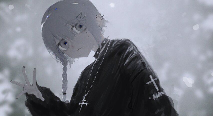 1girl, black_nails, black_shirt, blurry, blurry_background, borrowed_character, braid, closed_mouth