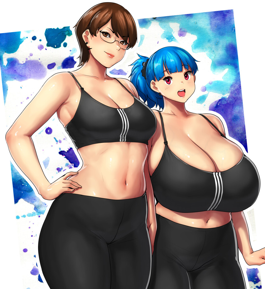 2girls, absurdres, ayumi_(erkaz), black_bra, black_pantyhose, blue_hair, blush, bra, breasts, brown_eyes, brown_hair, cowboy_shot, erkaz, glasses, hand_on_own_hip, highres, huge_breasts, looking_at_viewer, medium_breasts, medium_support_(meme), midriff, multiple_girls, navel, open_mouth, original, outline, pantyhose, red_eyes, rina_atherina, short_hair, smile, underwear, veins, veiny_breasts, white_outline