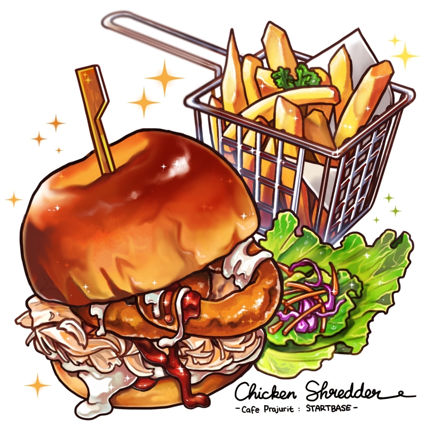 basket, burger, english_text, food, food_focus, french_fries, highres, lettuce