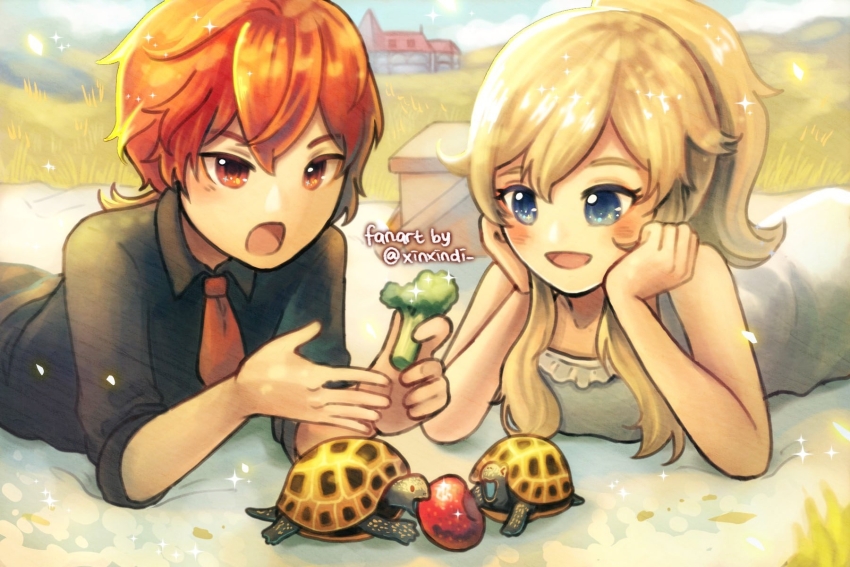 1boy, 1girl, artist_name, black_shirt, blonde_hair, blue_eyes, blush, box, broccoli, building, collared_shirt, diluc_(genshin_impact), dress, food, genshin_impact, grass, highres, jean_(genshin_impact), long_hair, necktie, open_mouth, outdoors, red_eyes, red_hair, red_necktie, shirt, smile, sparkle, turtle, white_dress, xindi