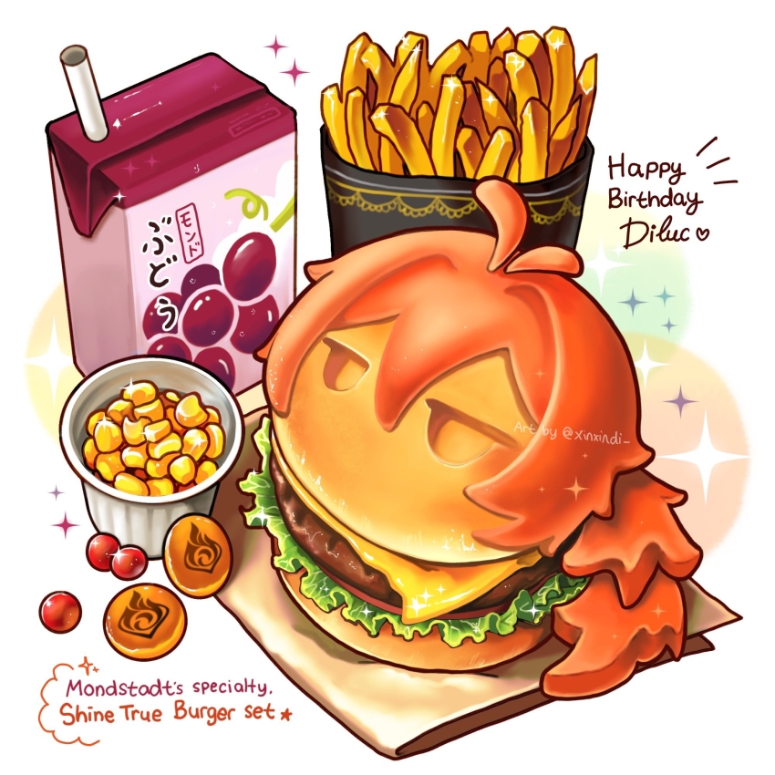 burger, cheese, corn, diluc_(genshin_impact), drink_carton, english_text, food, food_focus, foodification, french_fries, genshin_impact, happy_birthday, heart, highres, juice_box, lettuce, no_humans, sparkle, still_life, tomato, tomato_slice, xindi